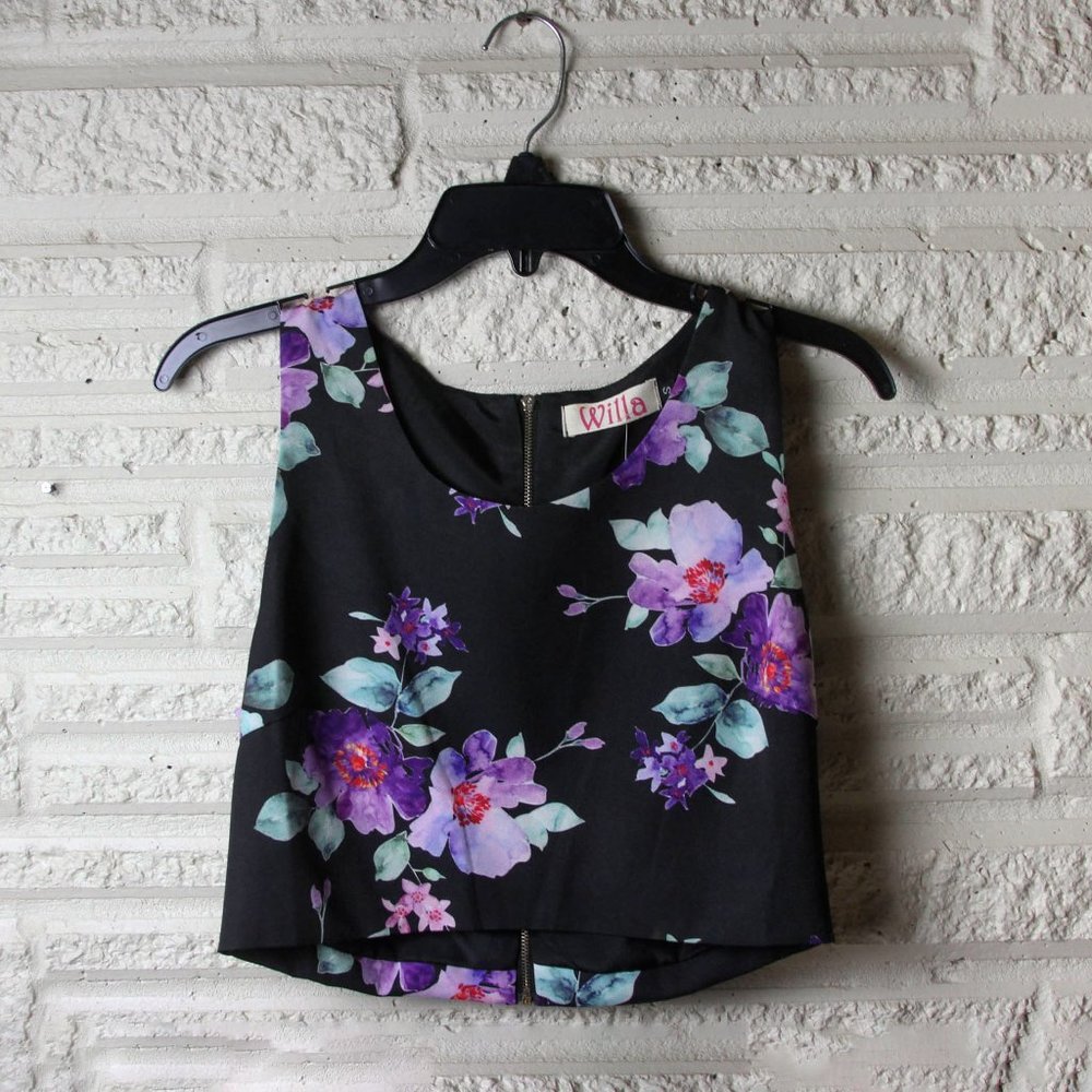 NWT Black Purple Floral Crop Top, size S